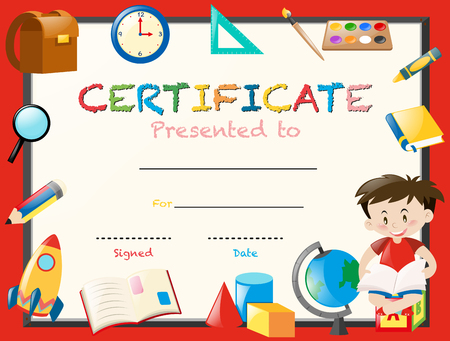 Certification template with boy reading book illustrationのイラスト素材