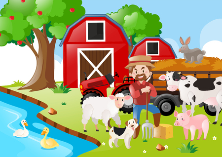 Farm scene with farmer and animals by the river illustrationのイラスト素材