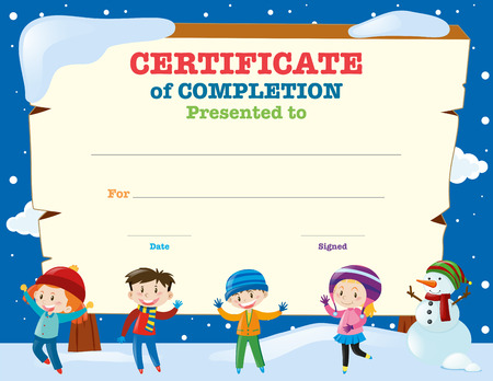 Certificate template with kids in the snow illustrationのイラスト素材