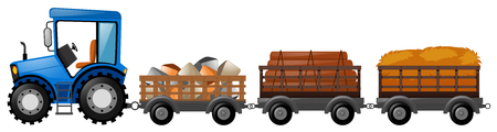 Tractor with three wagons loaded with stone and woods illustrationのイラスト素材