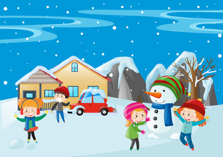 Many children playing in the snow illustrationのイラスト素材