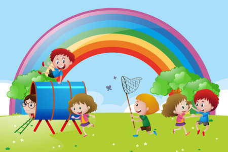Many children playing and dancing in the park illustrationのイラスト素材