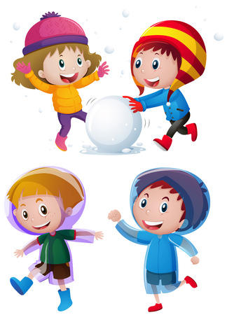 Children playing with snow in winter illustrationのイラスト素材