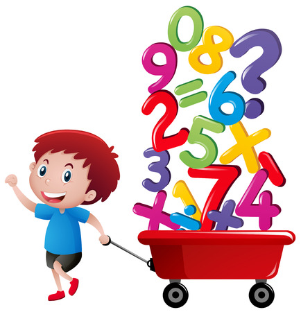 Boy pulling wagon with number blocks illustrationのイラスト素材