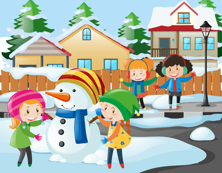 Neighborhood scene with kids playing with snowman illustrationのイラスト素材