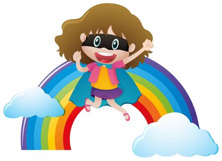 Girl in hero outfit with rainbow background illustrationのイラスト素材