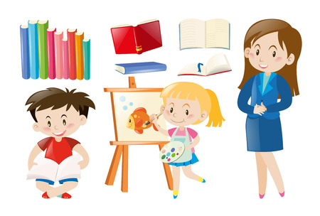 Teacher and students with school objects illustrationのイラスト素材
