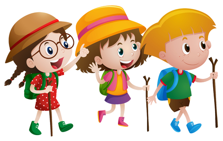 Three kids with walking sticks illustrationのイラスト素材