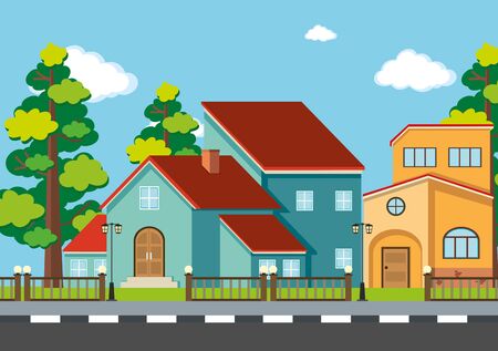 Scene with houses along the road illustrationのイラスト素材