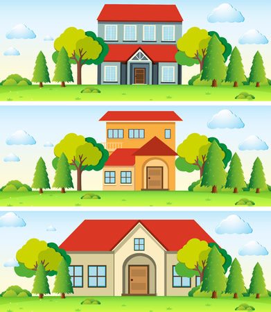 Three scenes with house in the field illustrationのイラスト素材