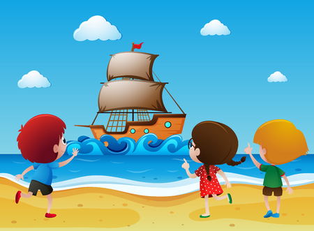 Ocean scene with kids on the beach and ship in the sea illustrationのイラスト素材