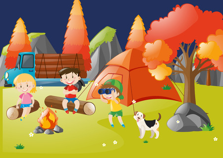 Many children camping out in the forest illustrationのイラスト素材