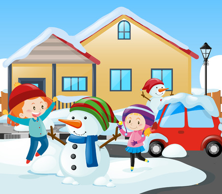 Two girls and snowman in front of the house illustrationのイラスト素材