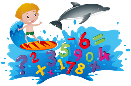 Boy on surfboard with numbers in ocean illustrationのイラスト素材