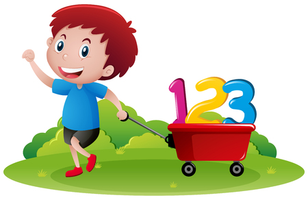 Little boy pulling wagon with numbers illustrationのイラスト素材