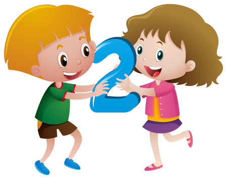 Boy and girl holding number two illustrationのイラスト素材