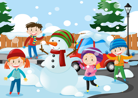 Many kids standing in the snow illustrationのイラスト素材