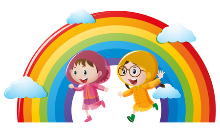 Two girls in raincoat running with rainbow in background illustrationのイラスト素材