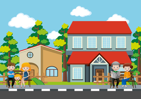People sitting in front of the house illustrationのイラスト素材