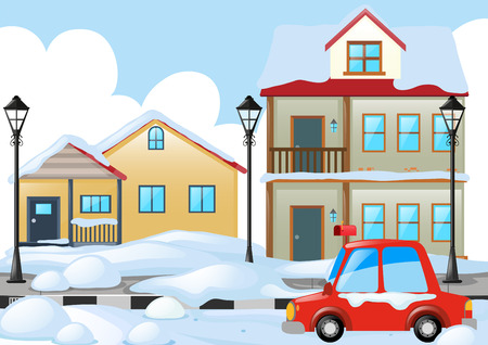 Neighborhood scene with snow on the ground illustrationのイラスト素材
