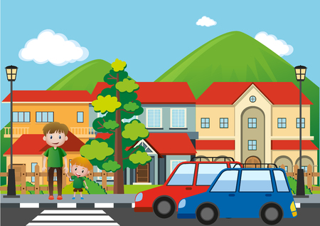 Man and boy crossing road in city illustrationのイラスト素材