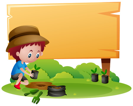 Wooden sign template with boy planting tree illustrationのイラスト素材