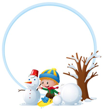 Border template with boy and snowman illustrationのイラスト素材