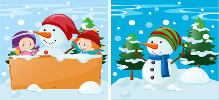 Two scenes with kids and snowman illustrationのイラスト素材
