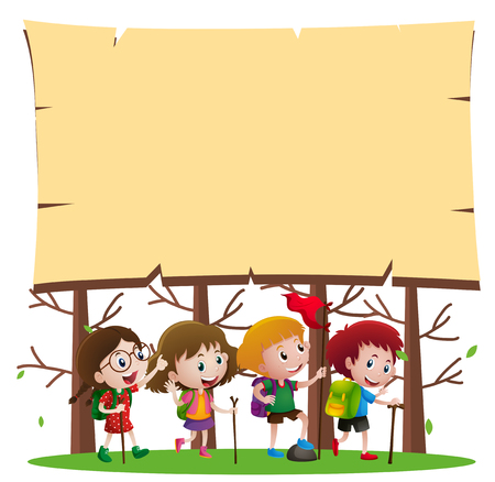 Border template with kids hiking in woods illustrationのイラスト素材