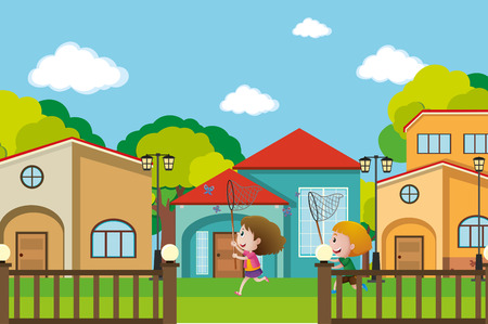 Two boys catching butterflies in the neighborhood illustrationのイラスト素材