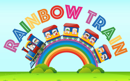 Rainbow train with kids riding on it illustrationのイラスト素材