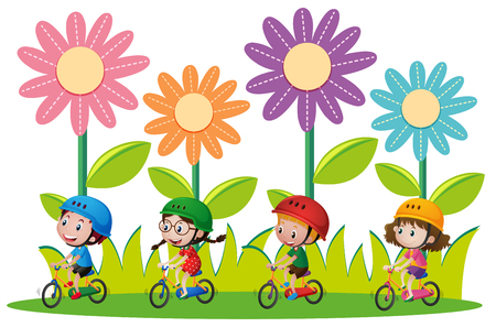 Kids riding bicycle in garden	 illustrationのイラスト素材