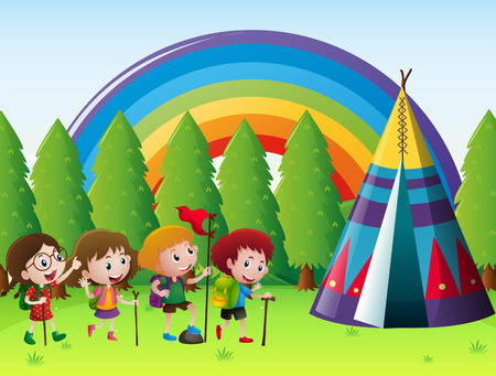 Many children camping out in park illustrationのイラスト素材