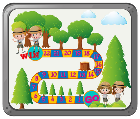 Boardgame template with kids in outdoor outfit illustrationのイラスト素材