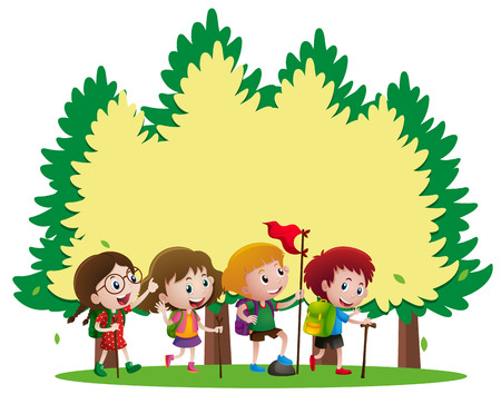 Border template with kids hiking illustrationのイラスト素材