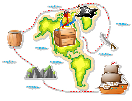 Treasure map and pirate ship illustrationのイラスト素材