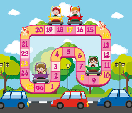 Boardgame template with kids on the road illustrationのイラスト素材