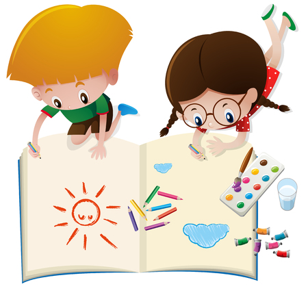 Two kids drawing on big book illustrationのイラスト素材