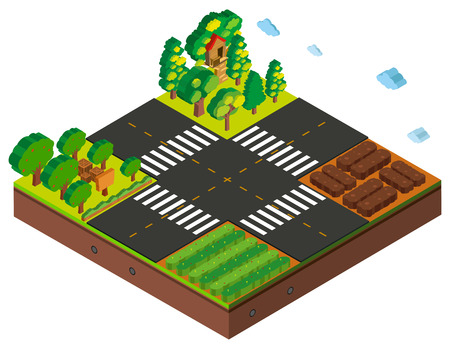Isometric intersection scene with farming crops and trees illustrationのイラスト素材