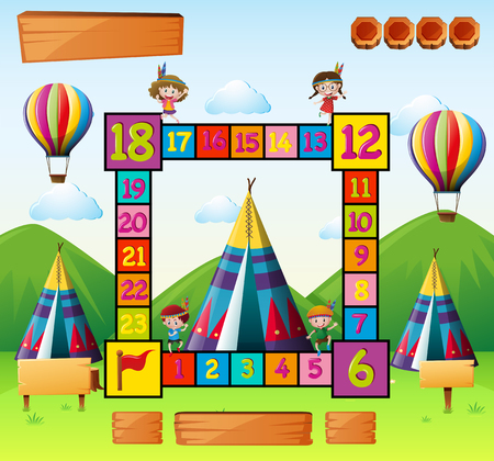 Boardgame template with kids and teepees illustrationのイラスト素材