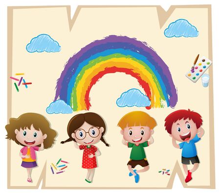 Children and colorful rainbow on paper illustrationのイラスト素材