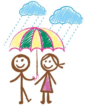 Doodles picture of boy and girl in the rain illustrationのイラスト素材