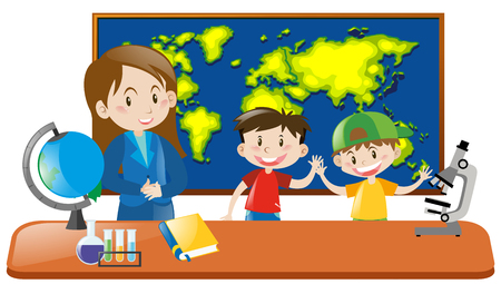 Teacher and two students in geography class illustrationのイラスト素材