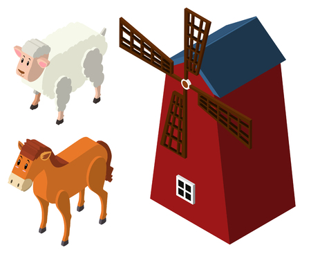 3D design for animals and windmill illustrationのイラスト素材