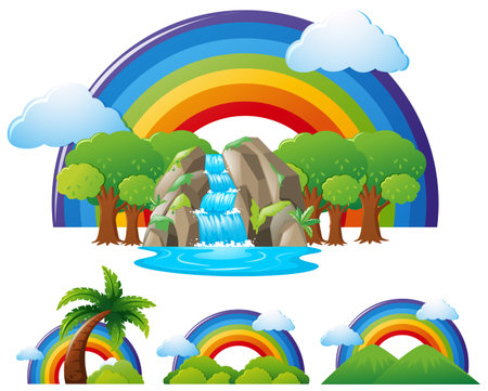 Rainbow over the waterfall illustrationのイラスト素材