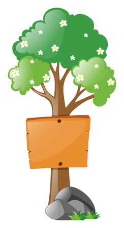 Wooden sign on small tree illustrationのイラスト素材