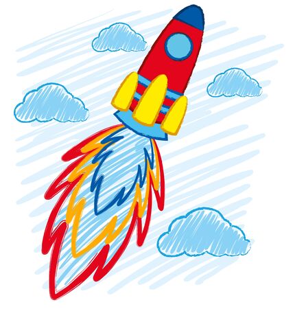 Doodle rocket riding in sky illustrationのイラスト素材