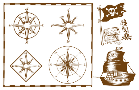 Pirate ship and other symbols illustrationのイラスト素材