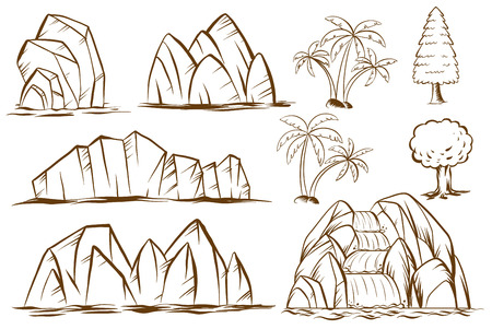 Mountains and trees on white background illustrationのイラスト素材