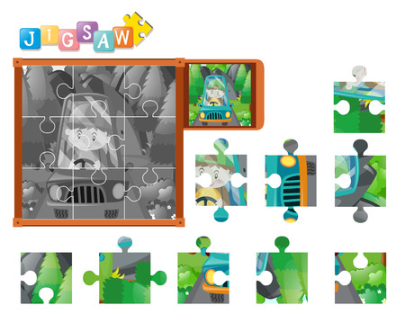 Jigsaw puzzle game with boy driving car illustrationのイラスト素材